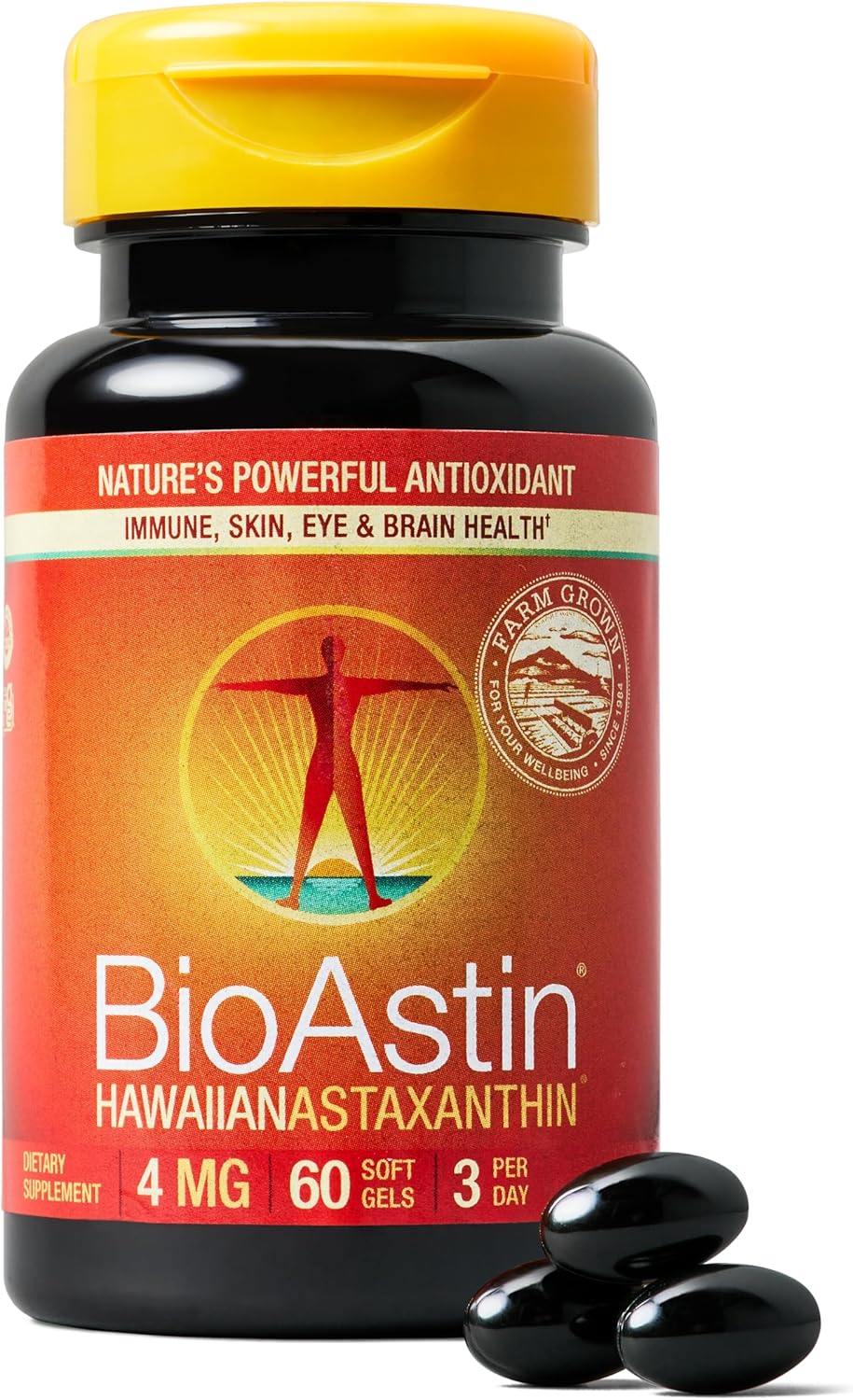 Nutrex Hawaii BioAstin Hawaiian Astaxanthin - 4mg, 60 Softgels - Farm-Direct Premium Antioxidant Supplement to Support Eye, Skin, Joint & Immune System Health - Non-GMO & Gluten-Free