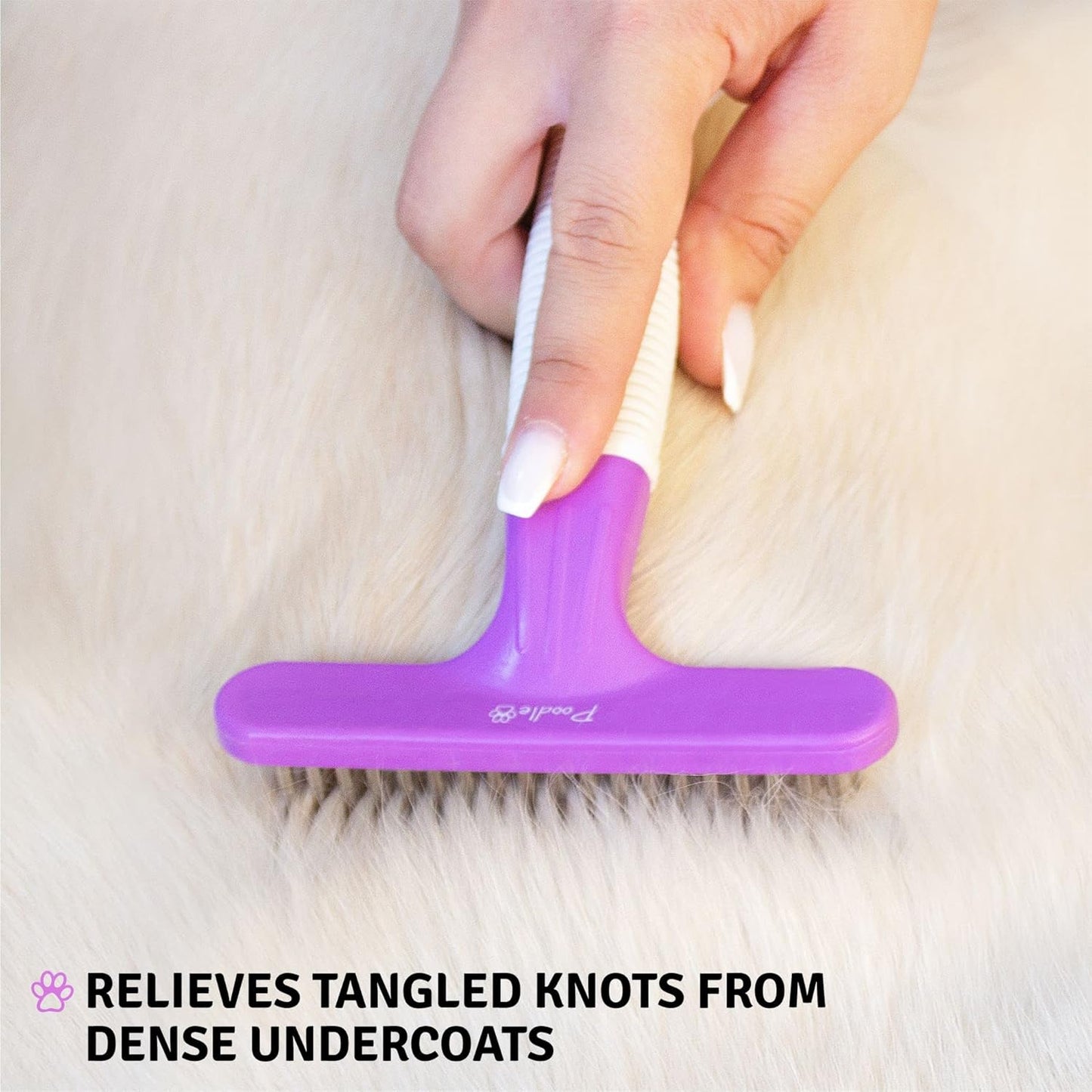 POODLIE Poodle Pet Dog Grooming Rake| Dematting Tool with Stainless Steel Shedding Comb for Pets | 2 Rows of Pins Gently Remove Loose or Tangled Hair from Undercoat | Purple Handle