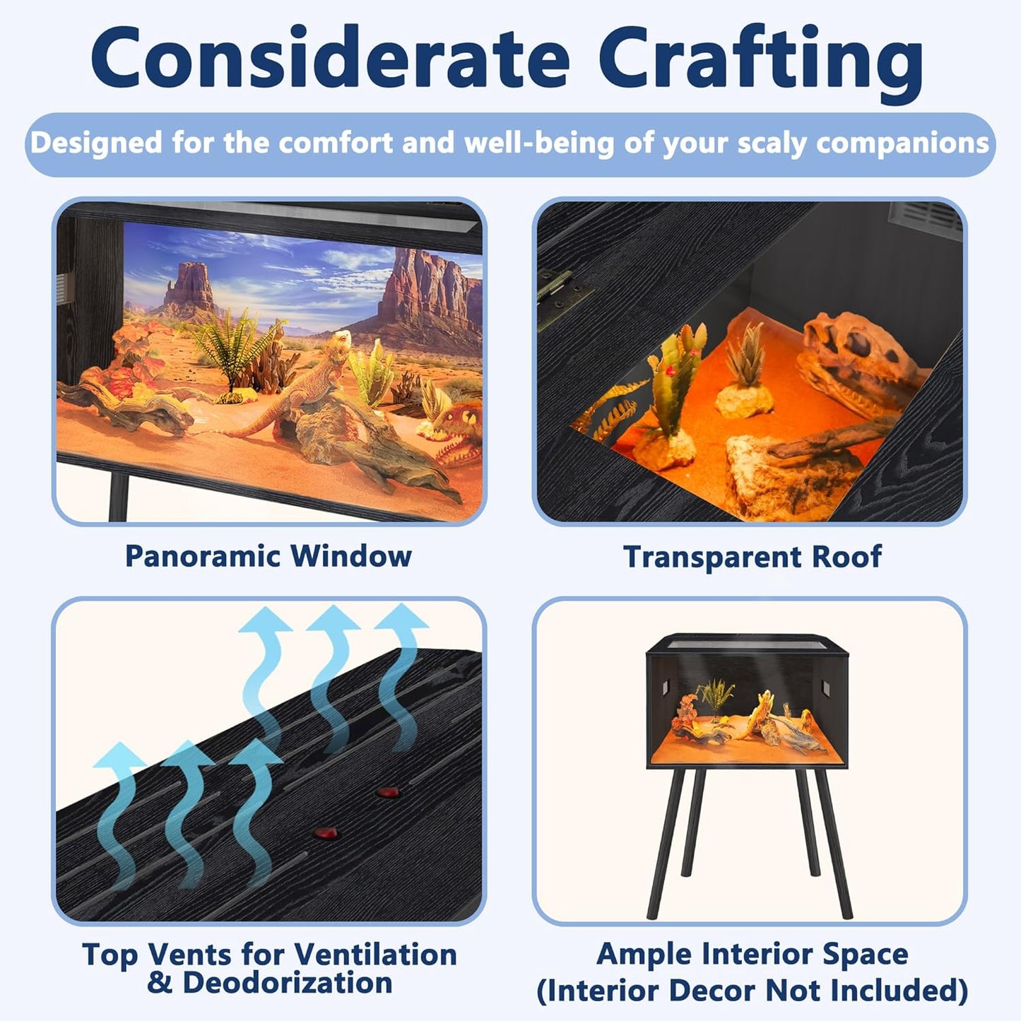 Prolee Reptile Terrarium, Lizard Tank Up to 68 Gallons, Bearded Dragon Tank with Roof Door, Snake Tank with Built-in Lamp Fixture and Switch, with Leg Stand (Black, 21 Gallons, 24" Length)