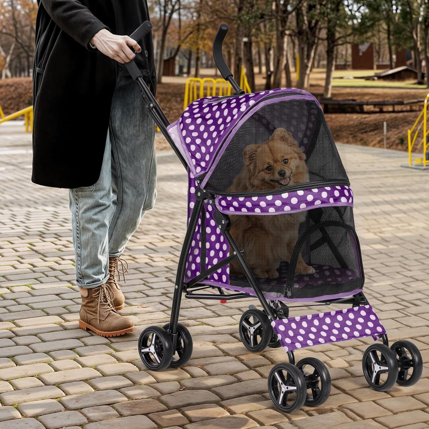 Magshion Compact Pet Stroller for Small-Medium Dogs/Cats up to 22lbs, 4-Wheel Lightweight Umbrella Shaped Portable Puppy Travel Jogger with Breathable Mesh & Rear Storage, Purple Polka Dots