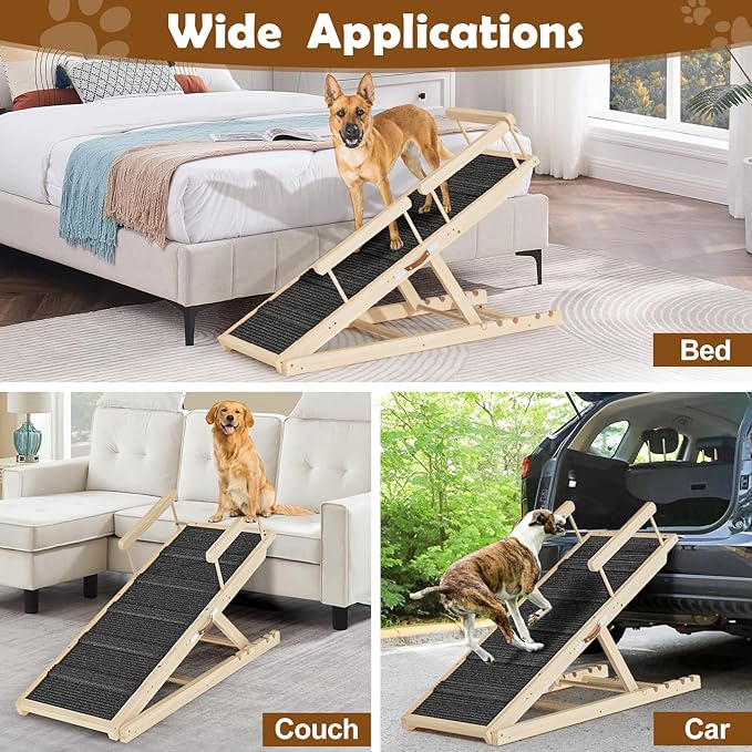 Dog Ramp for Couch, Bed or Car, Wooden 55" Long Pet Stairs for Small & Large Old Dogs & Cats, Hold up to 250lb, 6 Adjustable Height from 19.68" to 27.55" Portable Doggie Steps, Excellent Traction
