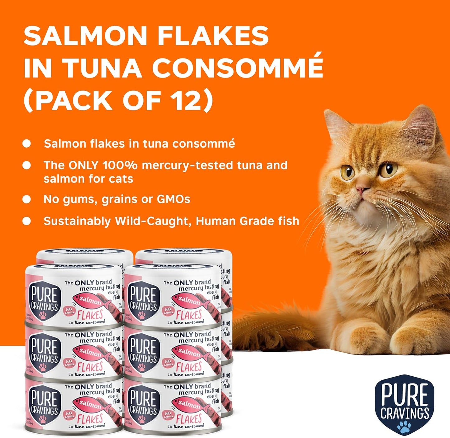 Salmon Flakes in Tuna Consommé, Canned Wet Cat Food Soup, 100% Mercury-Tested, Moist Can Fish, Grain-Free Protein, Non-GMO, 3oz, Pack of 12