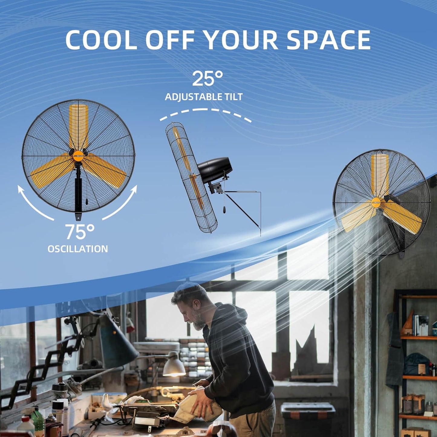 30 inch Oscillating High Velocity Wall Mount Fan, 8550 CFM Industrial Heavy Duty Metal Wall Fans, 3 Speeds, Adjustable Height and Tilt, Commercial Shop Fan for Garage, Workshop