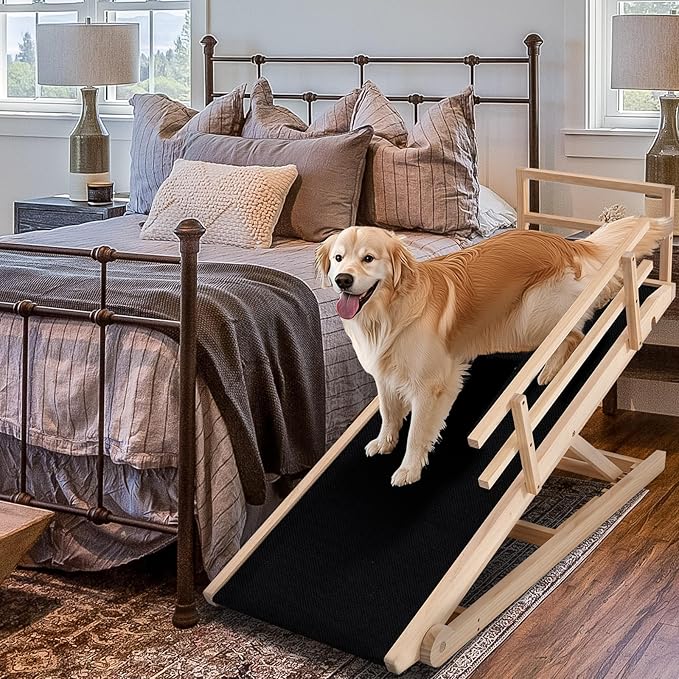 Dog Ramp, 5 Level Adjustable Height Folding Pet Ramp for High Bed, Portable Paw Ramps Large Bed Ramp for Medium & Large Old Dogs & Cats - Natural Wood Furniture Quality