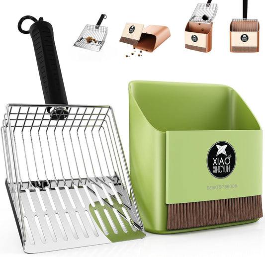 metal Cat Litter Scooper Kit - Durable large steel litter scoop with Dual Grid, Includes Broom & Dustpan for Quick, Easy Cleaning