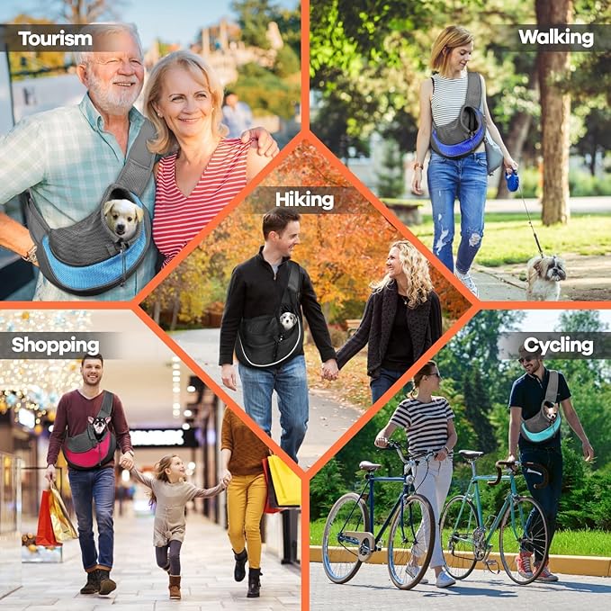 YUDODO Pet Sling Carrier for Small Dogs & Cats – Hands-Free Puppy Carrier with Safety Hook, Large Zipper Pocket, Soft Breathable Mesh, Adjustable Strap & Reflective Strip (Cyan 2.0 M)