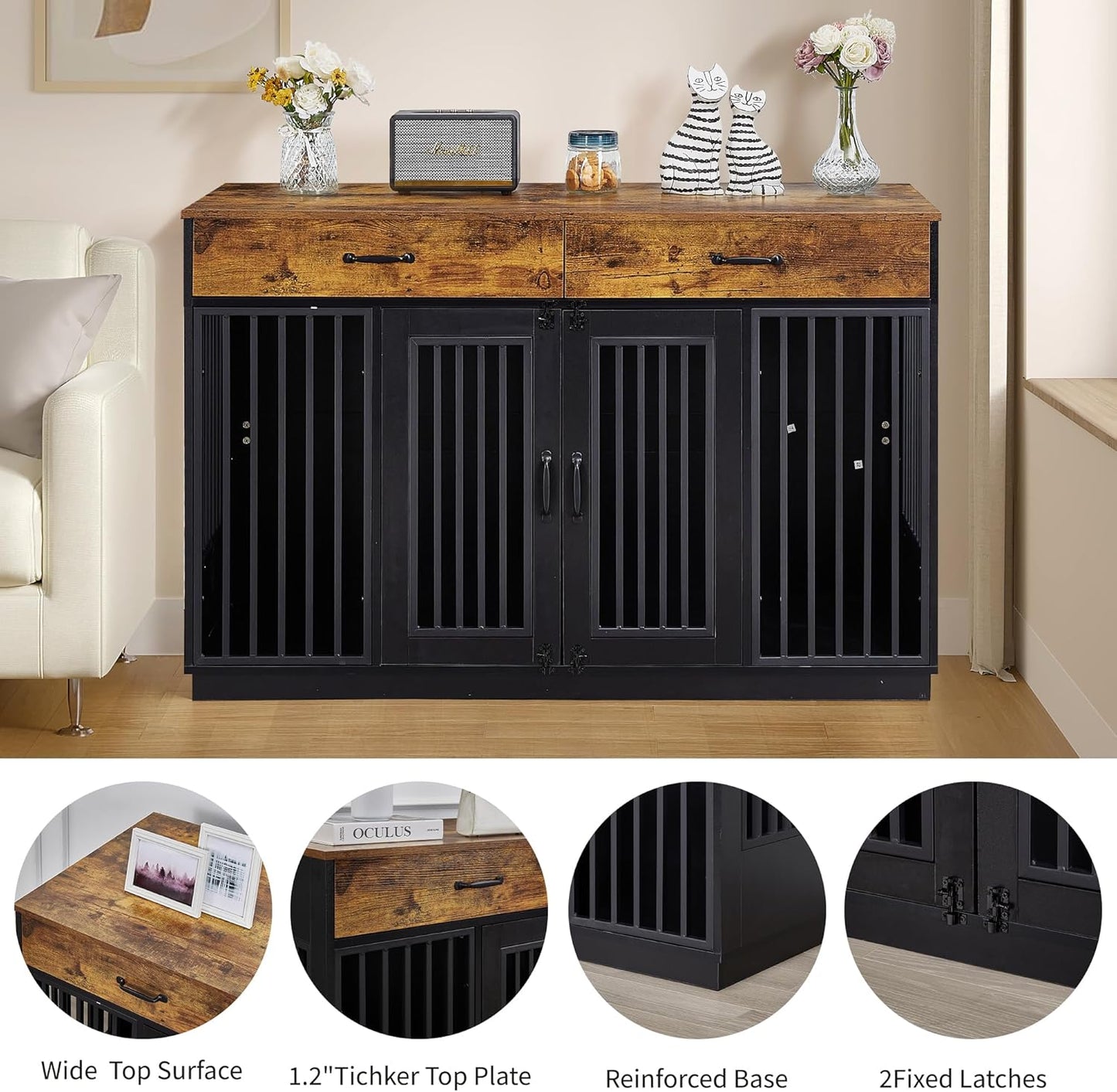 VECELO Dog Crate Furniture for Medium/Large Dogs, Wooden Dog Cage with Drawers, Double Door, Dog Kennel End Table, Brown