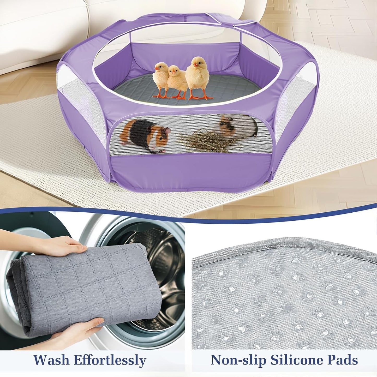2-in-1 Small Animals Playpen with Pad, Waterproof Small Pet Cage Tent with Reusable Pad, Portable Outdoor Yard Fence with 3 Metal Rod for Chick/Kitten/Puppy/Guinea Pig/Rabbits/Chinchillas, Purple