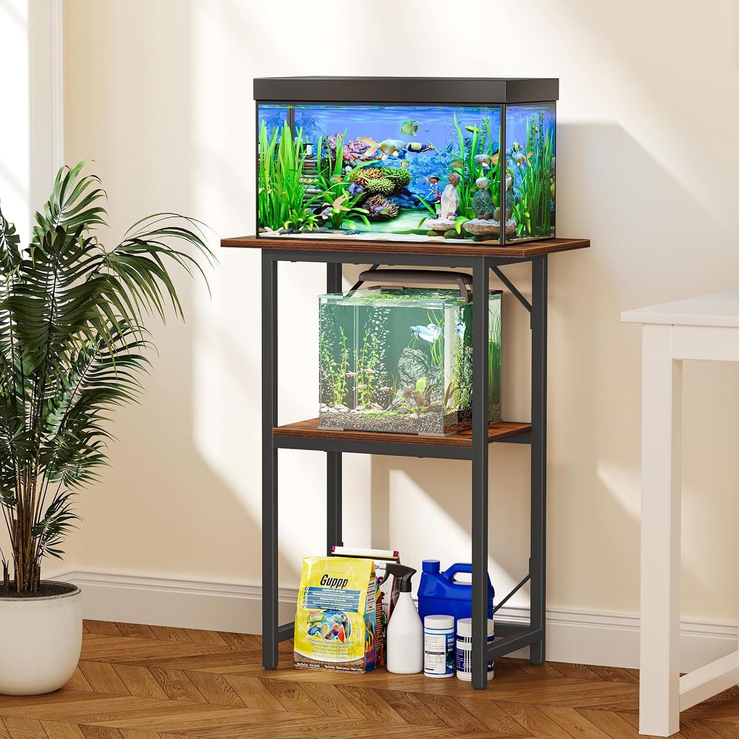Snughome 10-20 Gallon Fish Tank Stand, Aquarium Stand 2-Tier Storage Shelves, Heavy Duty Terrarium Stand for Home Office Fish Tank Shelf, 24" L x 11.8" W x 30.7" H, Rustic Brown