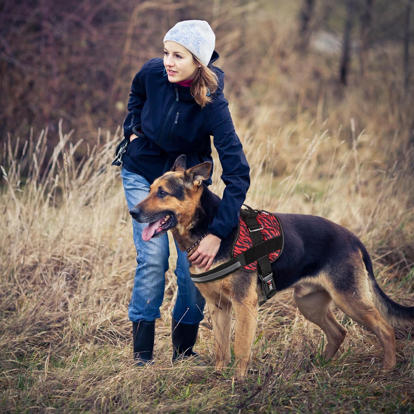 Dogline Dog Harness, Reflective No-Pull Adjustable Vest with Handle for Walking, Training, Breathable, No - Choke Harness for Small, Medium or Large Dogs Room for Patches Zebra Black/Red XL 33"-46"