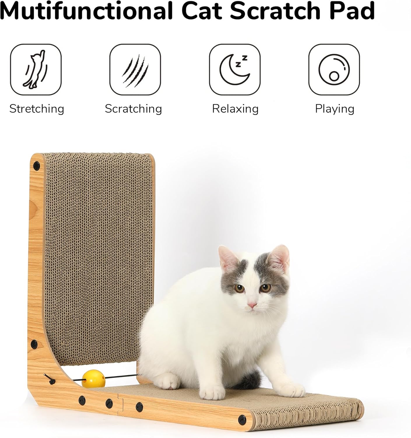 FUKUMARU Cat Scratcher, 18.9 Inch L Shape Cat Scratch Pad, Vertical Cat Scratcher Wall Mounted, Cat Scratching Cardboard with Ball Toy for Indoor Cats