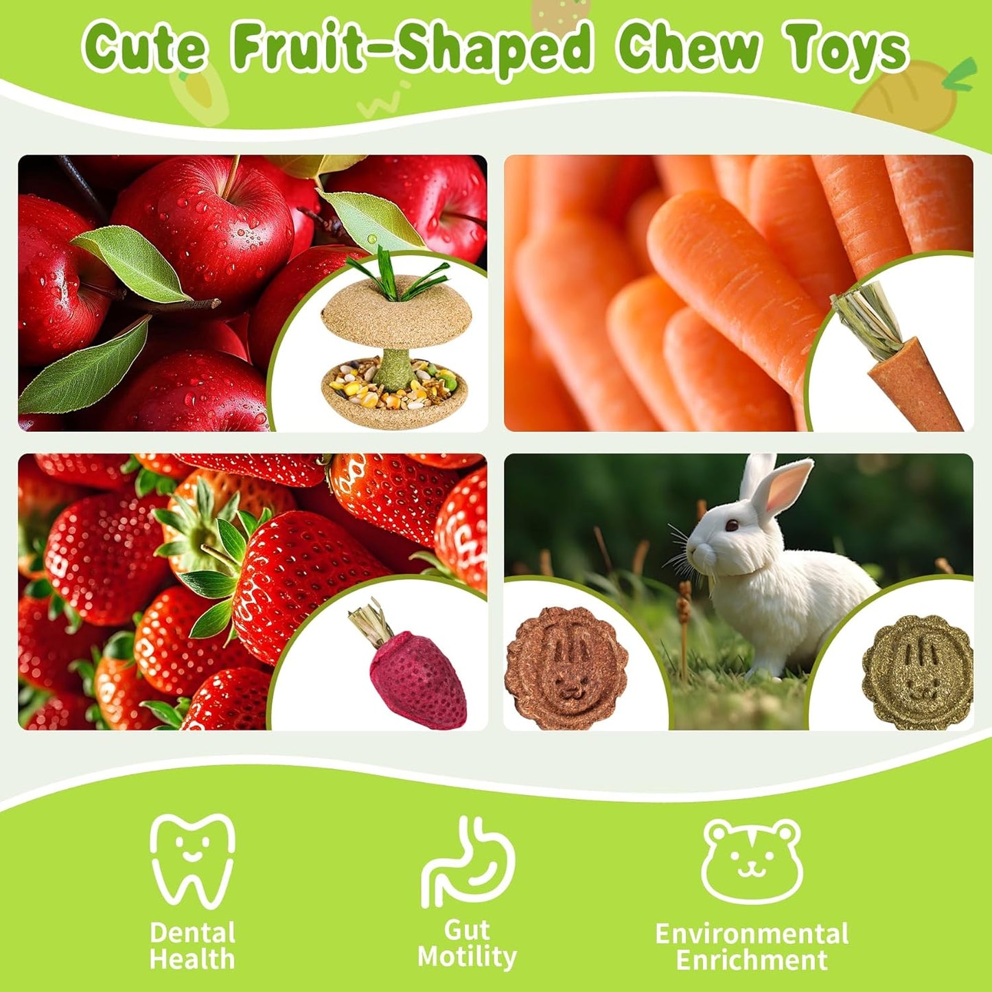 10 PCS Guinea Pig Chew Toys for Teeth, Rabbit Chew Toys Contain Natural Timothy Apple Core, Grass Cake, Carrot and Strawberry;Hamster toys for Bunny Chinchilla Gerbil Dental Care & Treat Teething