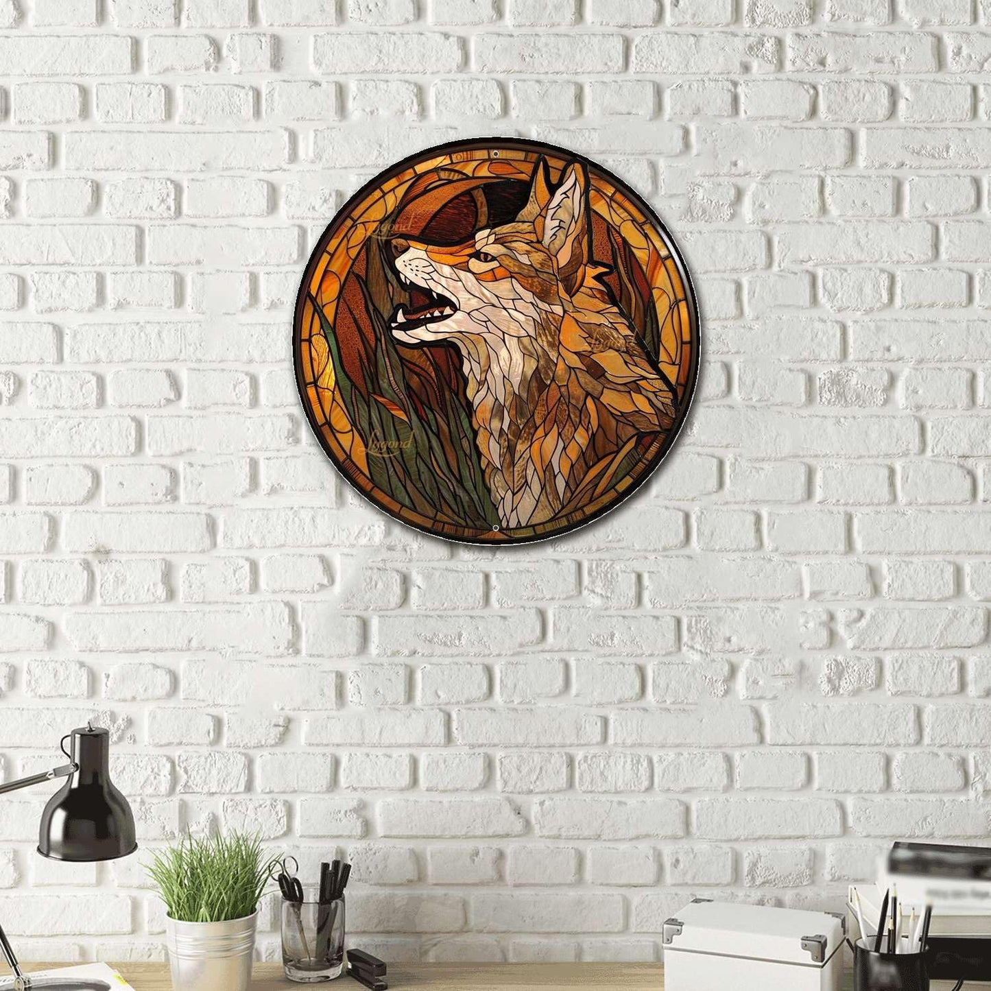 Lygond Metal Sign Tin Sign Circular Stained Glass Coyote Signs for Garden for Pub 12×12 Inches