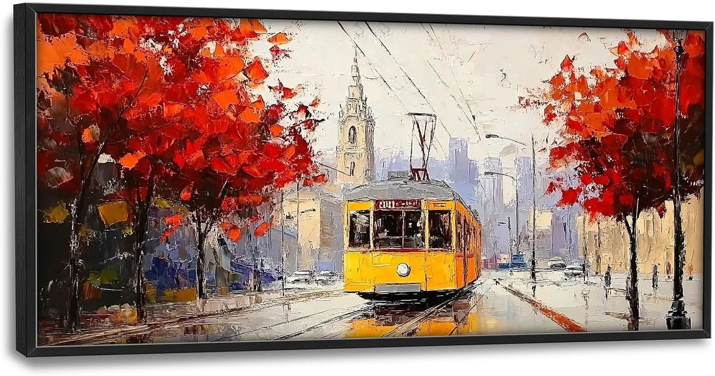 Large Cityscape Wall Art for Living Room, Framed Oversized Urban Tram Wall Decor Tree Landscape Canvas Painting Modern Artwork for Living Room Bathroom Bedroom Office Dining Room 60"x30"