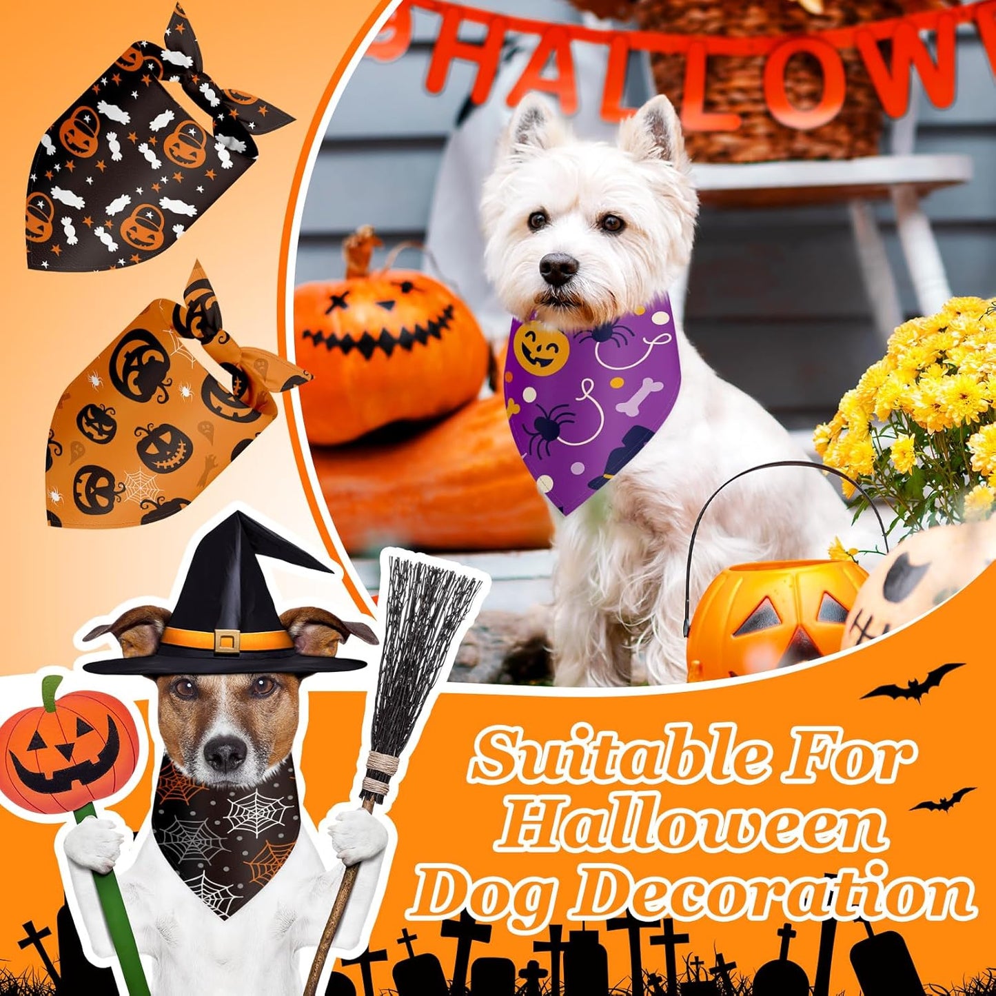 Chunful 30 Pcs Halloween Dog Bandanas Bulk Triangle Bandanas for Dogs Grooming with Pumpkin Ghost Patterns Soft Bibs Adjustable Doggie Scarf for Small Medium Large Pets Costume 25.6 x 17.7 x 17.7 in