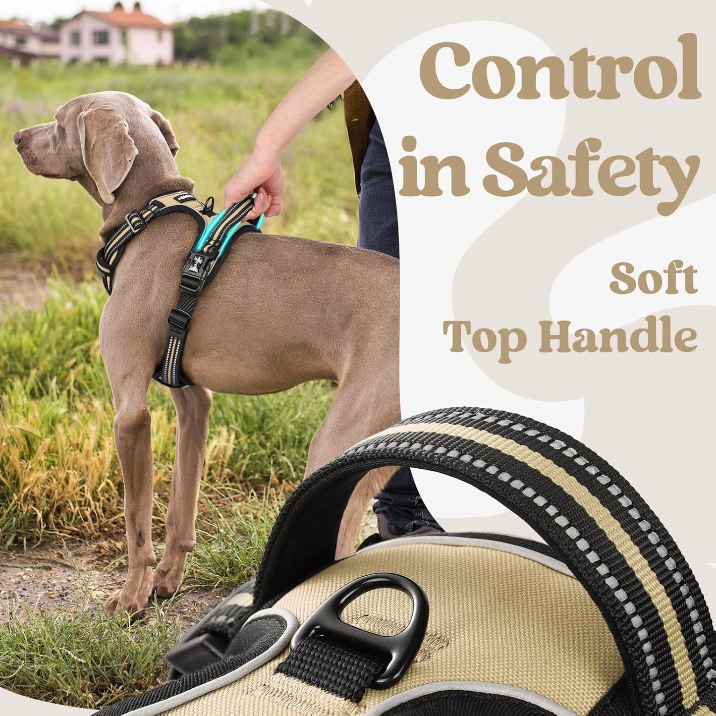 rabbitgoo Dog Harness for Large, No Pull Pet Harness with 3 Buckles, Adjustable Soft Padded Vest with Control Handle, Walking Reflective Pet Vest for Extra Large Dogs, Beige, XL