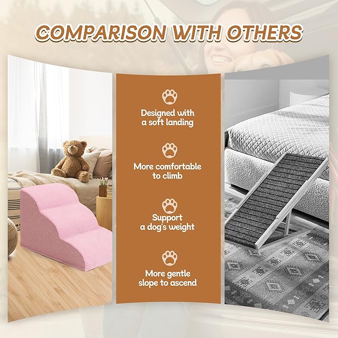 Romrol Dog Stairs Ramp for High Beds Couches, High Density Foam Pet Steps with Durable Non-Slip Waterproof Fabric Cover, Dog Stairs for Small Dogs or Cats or Pets, 3-Step,15 Inch,Pink