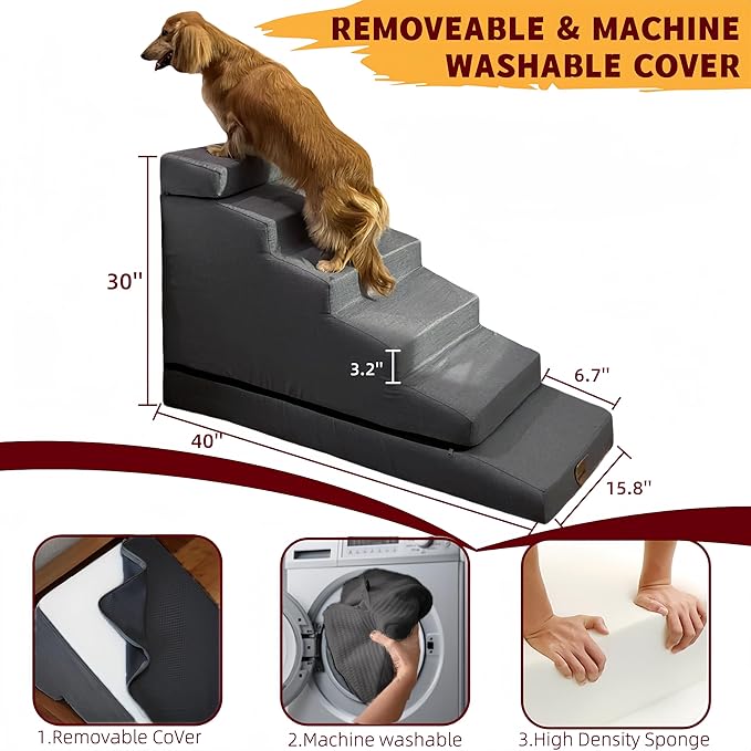 Dog Stair ramp for 30 inch high beds. 6-Step Dog Stair Ramp for 20 to 36 Inch Sofa Beds. Pet Steps for Small, Medium and Large Dogs. Non-Slip, Balanced and Portable. Multifunctional 6 Steps, Gray.