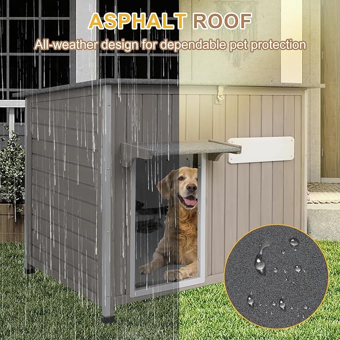 Weatherproof Outdoor Dog House, Wooden Puppy Shelter with Anti-Chewing Iron Frame and Elevated Floor, Sturdy Dog Kennel for Small, Medium & Large Dogs, Grey (Gray, 40" L x 26" W x 31" H)
