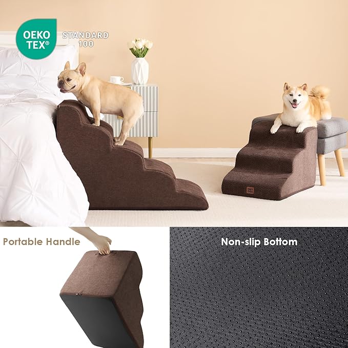 EHEYCIGA Curved Dog Stairs Ramp for High Beds 22.6" H, 5-Step Dog Steps for Small Dogs and Cats, Pet Stairs for High Bed Climbing, Non-Slip Balanced Pet Step Indoor, Brown