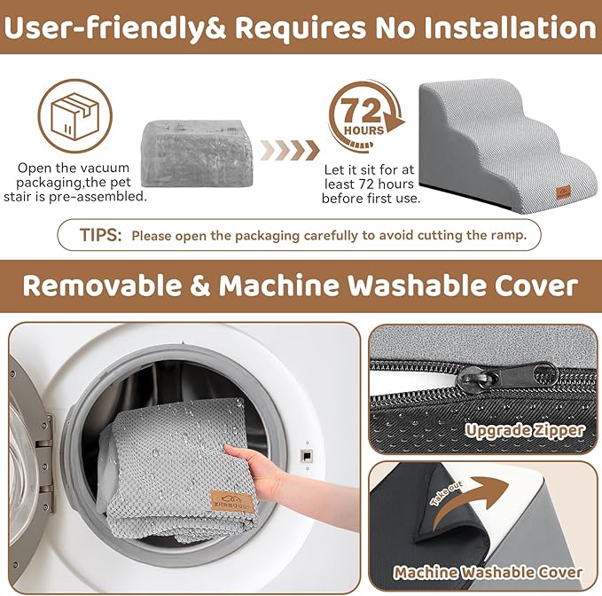 Dog Ramp and Stair for Bed 16" H-20 H,3-Step Cat Stair for Sofa and Chair,4-Step Dog Ramp for High Bed and Window,Durable Nonslip Fabric Cover for Indoor (Light Grey-16 H, Pet Friendly, 3)