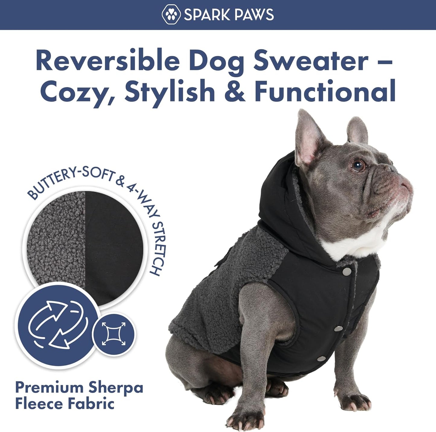 Spark Paws Reversible Dog Sweater, Sherpa Jacket Vest with Warm Fleece Lining, Warm Coat for Winter, Suitable for Small Medium, Large, XL XXL Dogs - Black and Grey - 4XL