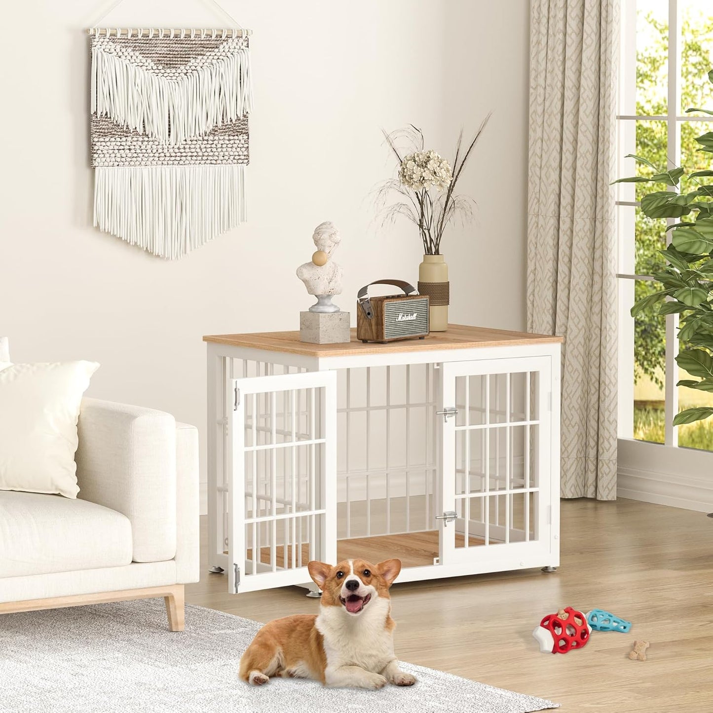 32 Inch Heavy Duty Dog Crate Furniture for Medium and Small Dogs, Decorative Pet House End Table, Wooden Cage Kennel Furniture Indoor, Natural and White