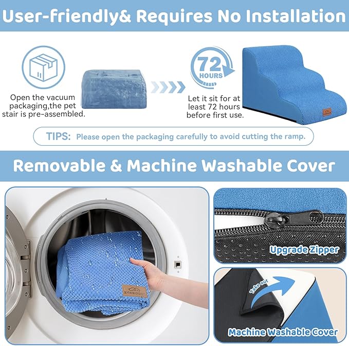 Dog Ramp and Stair for Bed 16" H-20 H,3-Step Cat Stair for Sofa and Chair,4-Step Dog Ramp for High Bed and Window,Durable Nonslip Fabric Cover for Indoor (Blue-16“H, Pet Friendly, 3)