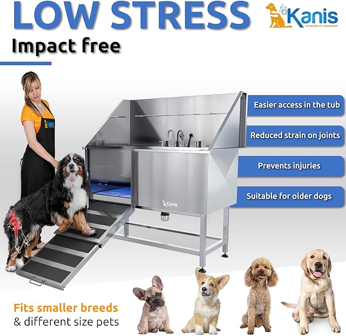 KANIS Professional Dog Washing Station - 304 Stainless Steel Pet Wash Sink & Grooming Bath Tub for Home with Ramp, Shower, Floor Grate, Storage Shelf, Faucet, Drain Kit for Large, Medium & Small Pets