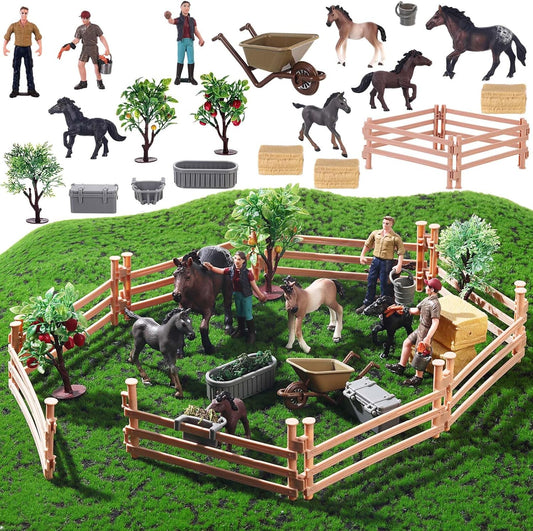 27 Pcs Horse Ranch Playset, 5 Horse Figurines 3 People Figurines 8 Fence 3 Model Trees 1 Moss Mat for Diorama Project Educational Gift Cake Topper