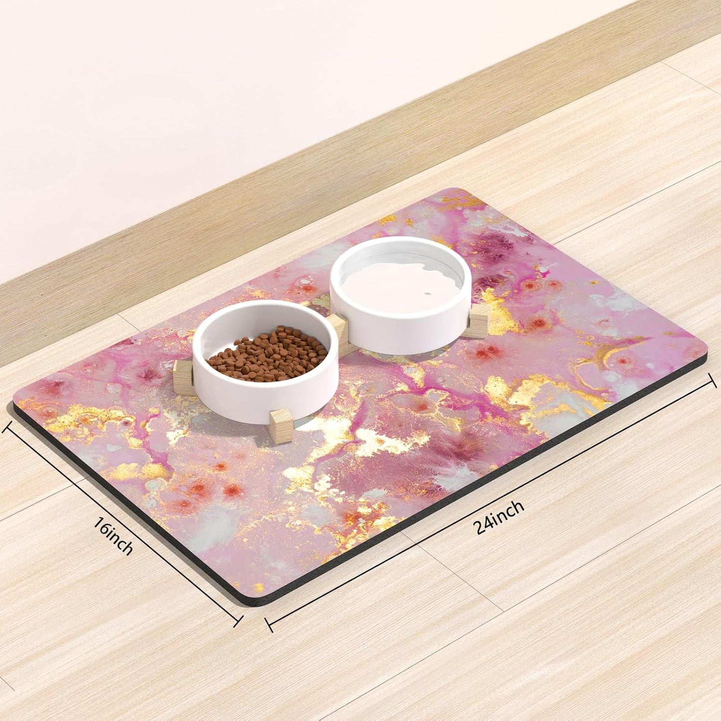 Rnivvi Dog Food Mat, 16" x 24" Absorbent Dog Cat Bowl Mat for Food and Water, Cute Anti-Slip Rubber Pet Feeding Rug Protect Floors, Puppy Placemat for Feeding & Watering Supplies, Pink Gold