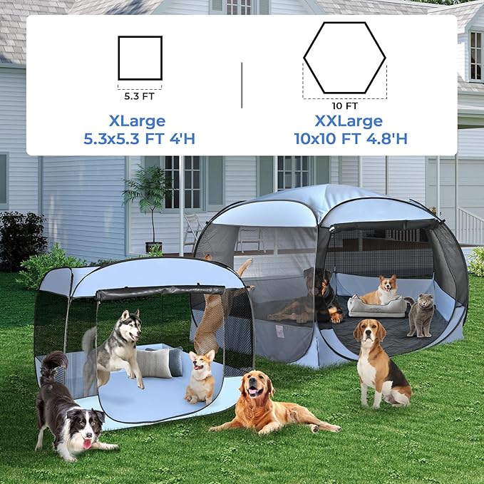XXLarge Popup Portable Dog Houses, 10'x4.8'H Assembly-Free Gazebo-Style Kennel Dog Playpen Pet Screen Tent Sun Shade Shelter, Dog Crates Canopy for Travel Camping Anti-Bugs with Leakproof Bottom