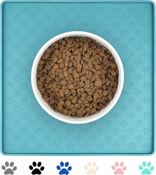 Ptlom Dog Food Mat Anti-Slip Bowl Mats for Food and Water, Waterproof Silicone Pet Placemat with High Raised Edges, Non-Slip Puppy Feeding Tray for Small, Medium Large Cats Dogs, Blue, 11.8"x11.8"