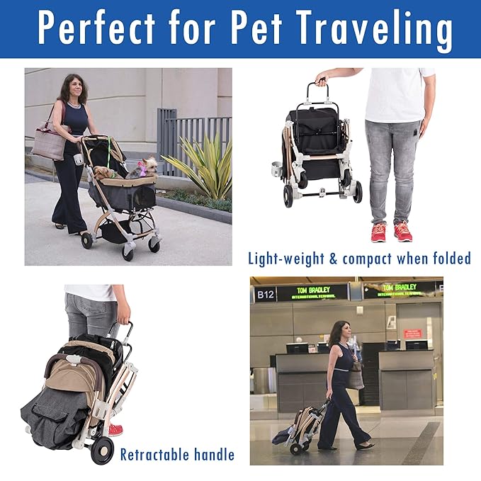 HPZ-PR America Pet Rover Lite Premium Light-Weight Dog/Cat/Pet Stroller Travel Carriage with Convertible Compartment/Aluminum Frame for Small & Medium Pets (Taupe 2nd-Gen.)