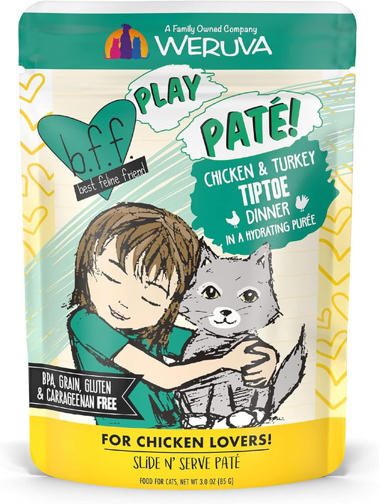 B.F.F. PLAY - Best Feline Friend Paté Lovers, Aw Yeah!, Chicken & Turkey Tiptoe with Chicken & Turkey, 3oz Pouch (Pack of 12)