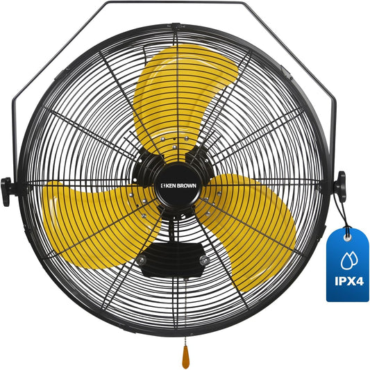 KEN BROWN 20 Inch Outdoor Wall Mount Fan, 3-speed IPX4 Waterproof, Max. 4,650 CFM Wall Mounted Fan for Outdoor, Commercial, Residential, Greenhouse, Workshop, Patio, Black, ETL Listed