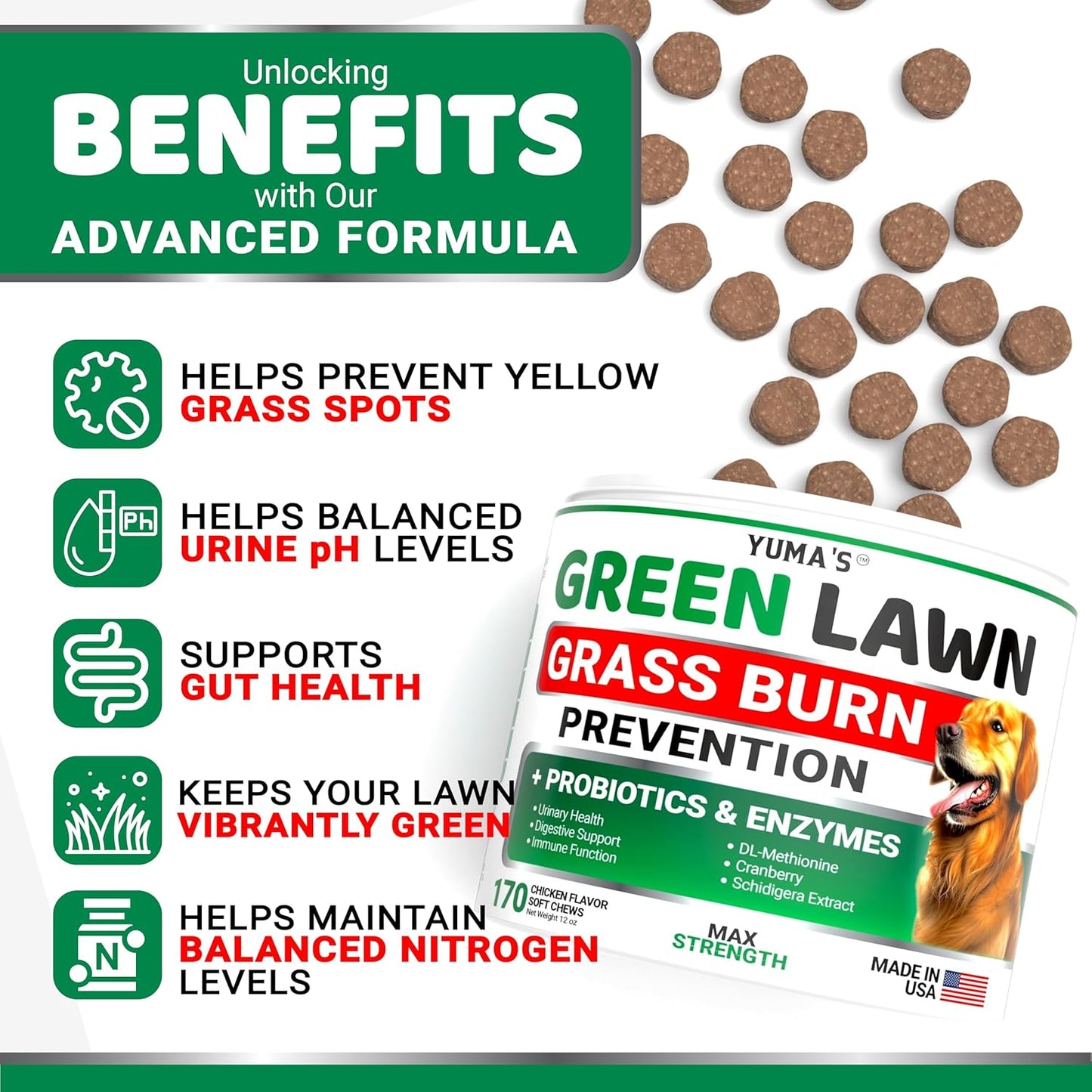 YUMA'S Dog Urine Neutralizer for Lawn - 170 Chews - Advanced Grass Green Savers for Dog Urine - Canine Pee Grass Neutralizer Supplement - Green Lawn Treats with Probiotics and Digestive Enzymes