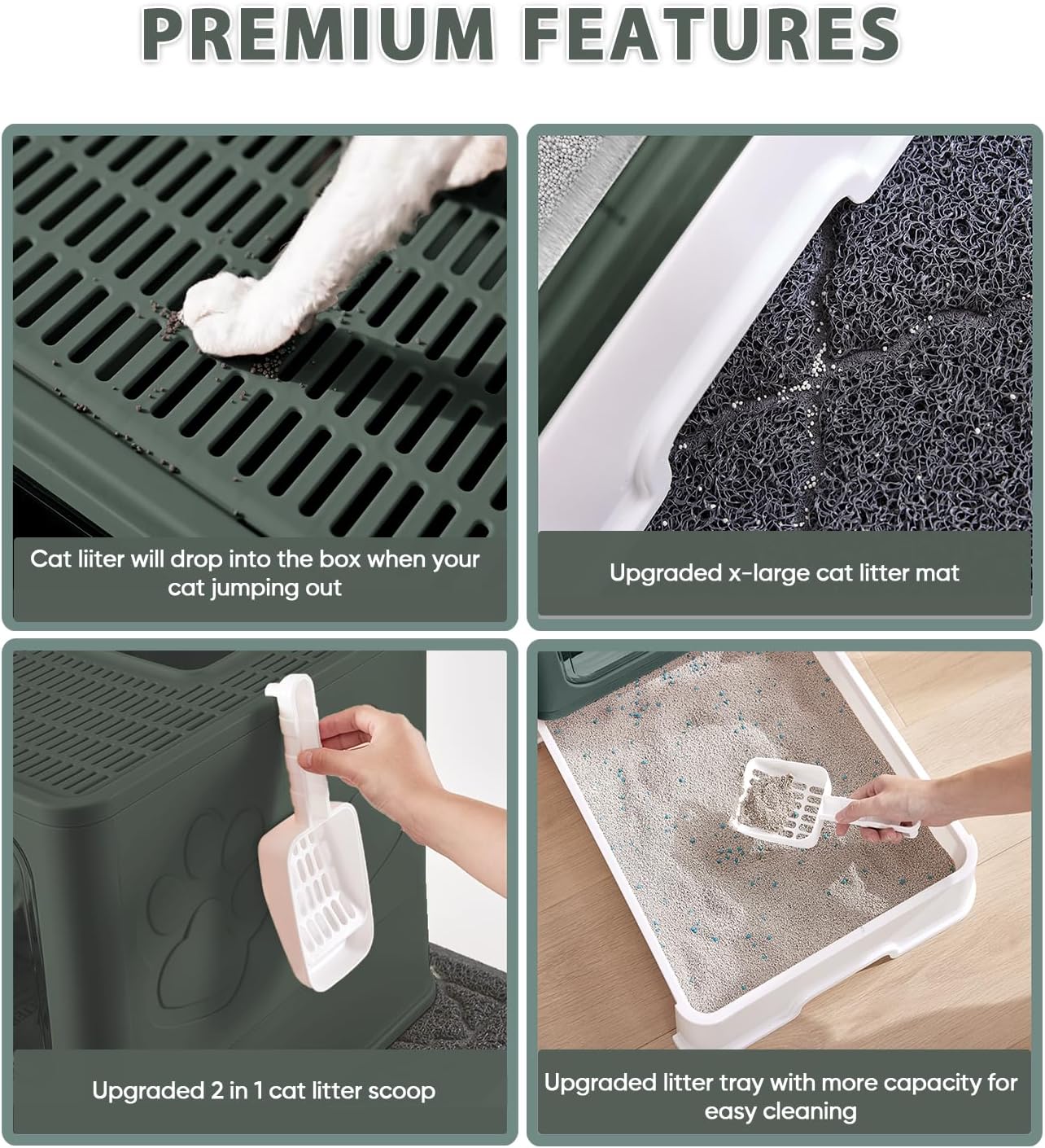 Cat Litter Box with X-Large Litter Mat and Scoop, Large Foldable Litter Box with Lid, Enclosed Kitty Box,Front Top Entry Exit, Odor Control Easy to Clean (Upgrade Olive Green)