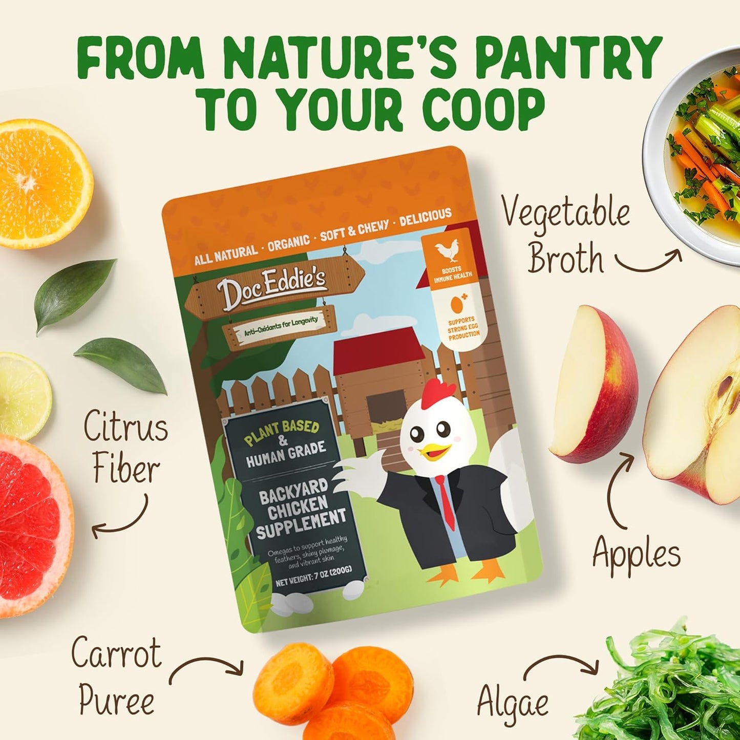 Doc Eddie’s Backyard Chicken Supplement - Plant-Based Treats for Egg Laying Hens - Poultry Feed Enrichment Made with Omega 3 Rich Algae - Essential for Immune Health, Feather Regrowth, Egg Production