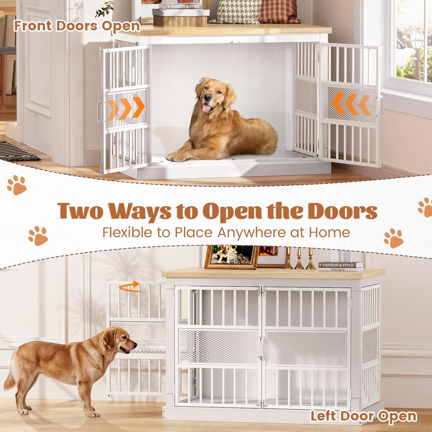 VOPEAK 46" Dog Crate Furniture, Chew Resistant Large Dog Crate for Medium Large Dogs, Heavy Duty XL Dog Crates Dog Kennel Cage Indoor with Double Doors, End Table for Bedroom Living Room, White