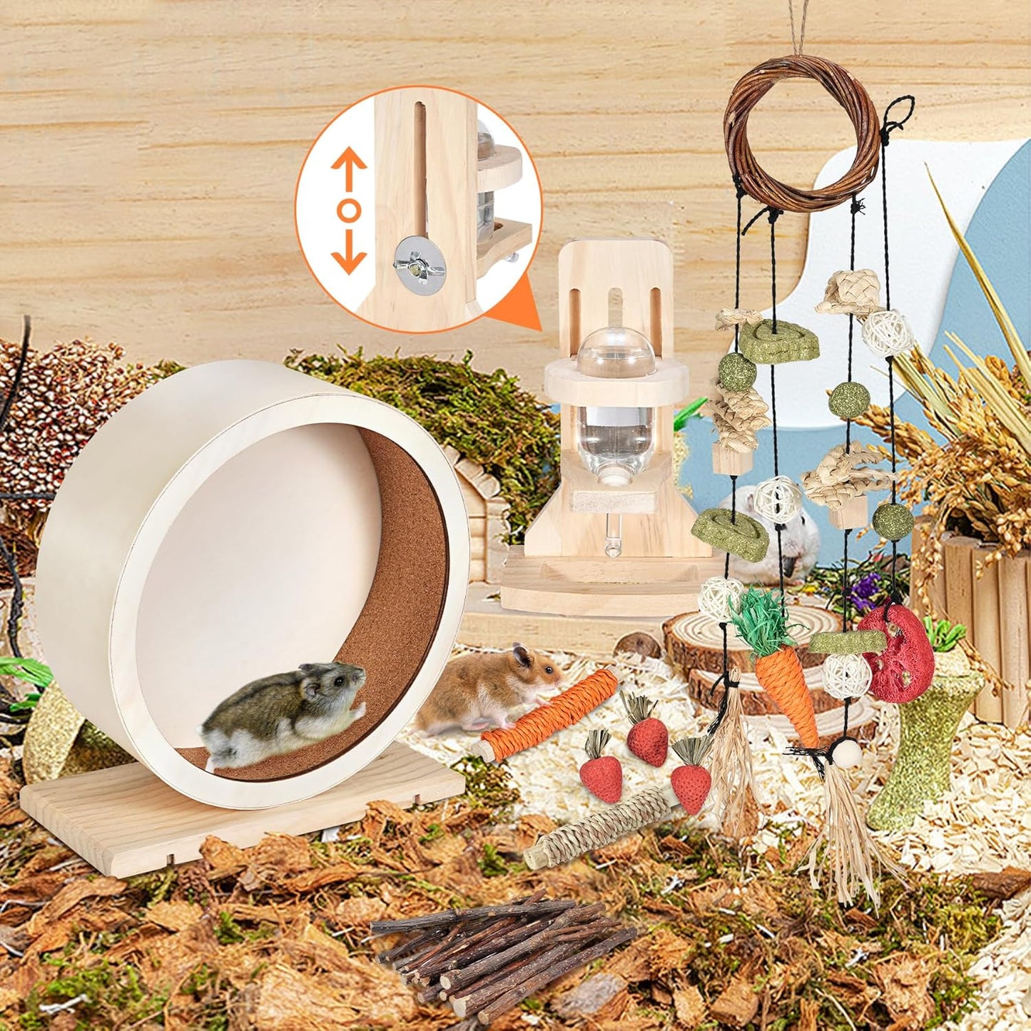 antiai 9.8 Inch Wooden Hamster Exercise Wheel Set,Silent Wheel Quiet Spinner Hamster Running Wheels,Hamster Water Feeder Accessories Chew Toys for Hamsters, Gerbils, Mice and Other Small Pets,9 pcs