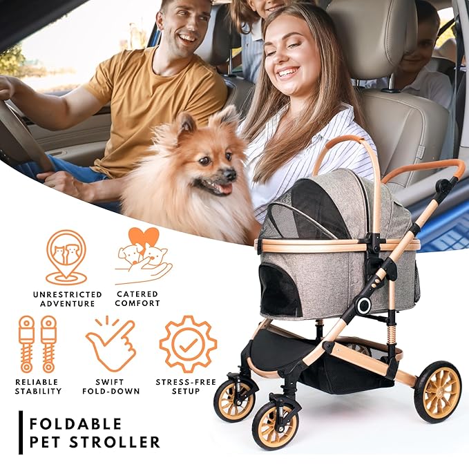 Pet Stroller with 4 Wheels, Foldable Pet Travel Carrier for Small/Medium Dogs Cats up to 50lbs, Detachble Portable Pet Bag, Storage Basket, Car Seat 3 in 1 Multifunctional (Grey)