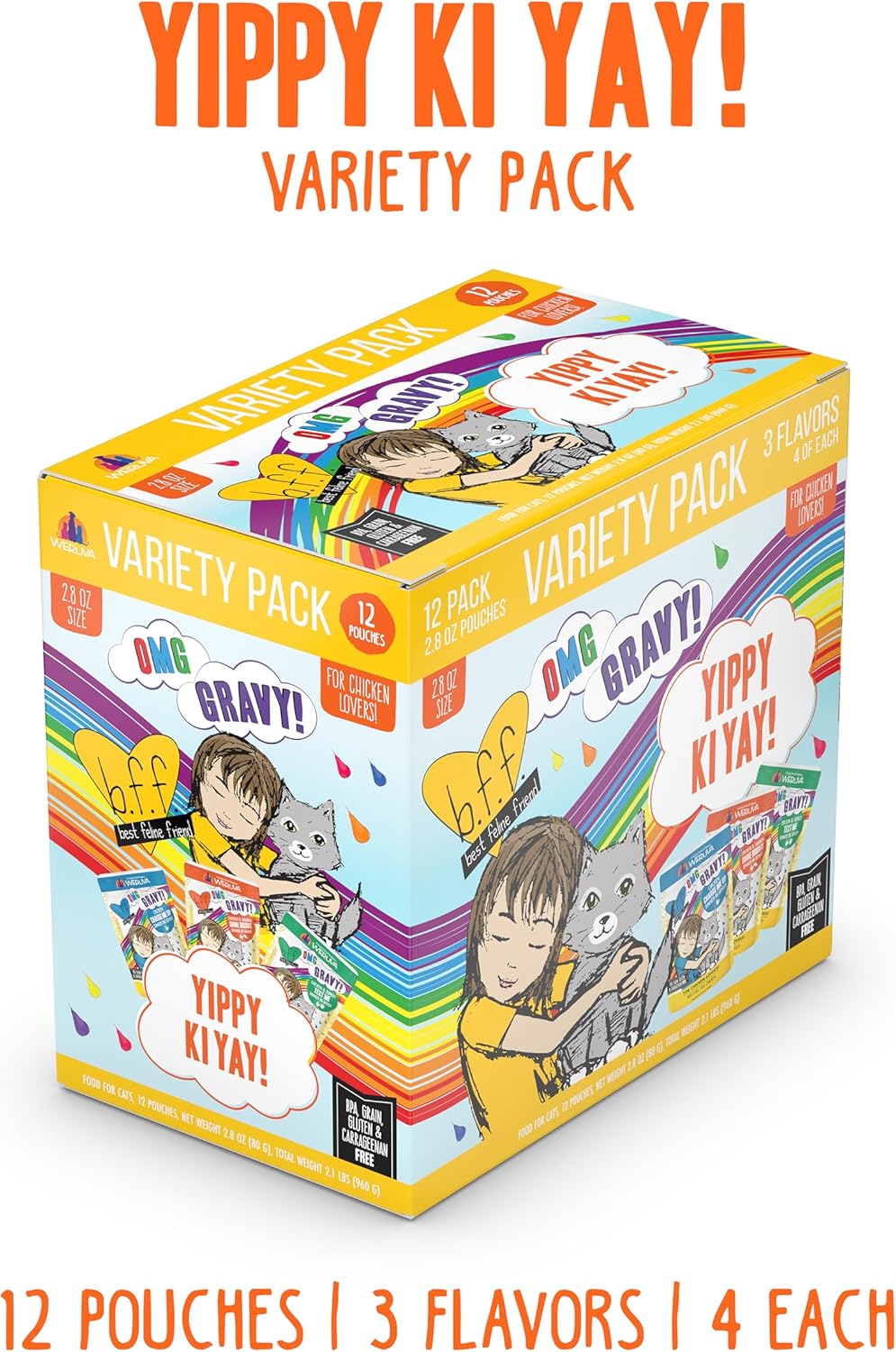 Weruva B.F.F. OMG - Best Feline Friend Oh My Gravy!, Yippy Ki Yay Yellows! Variety Pack, 2.8oz Pouch (Pack of 12)