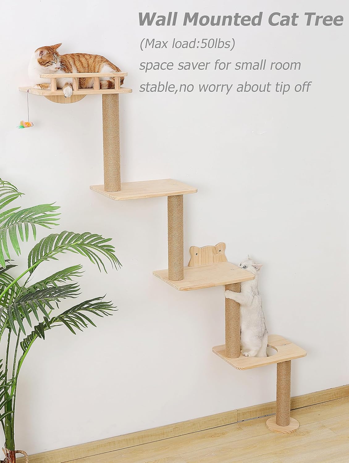 Cat Tree Wall Mounted with 4 Levels Shelves, 73" Wood Corner Tower Inside Kitten Playground for Climbing,Playing and Lounging (Right to Left)