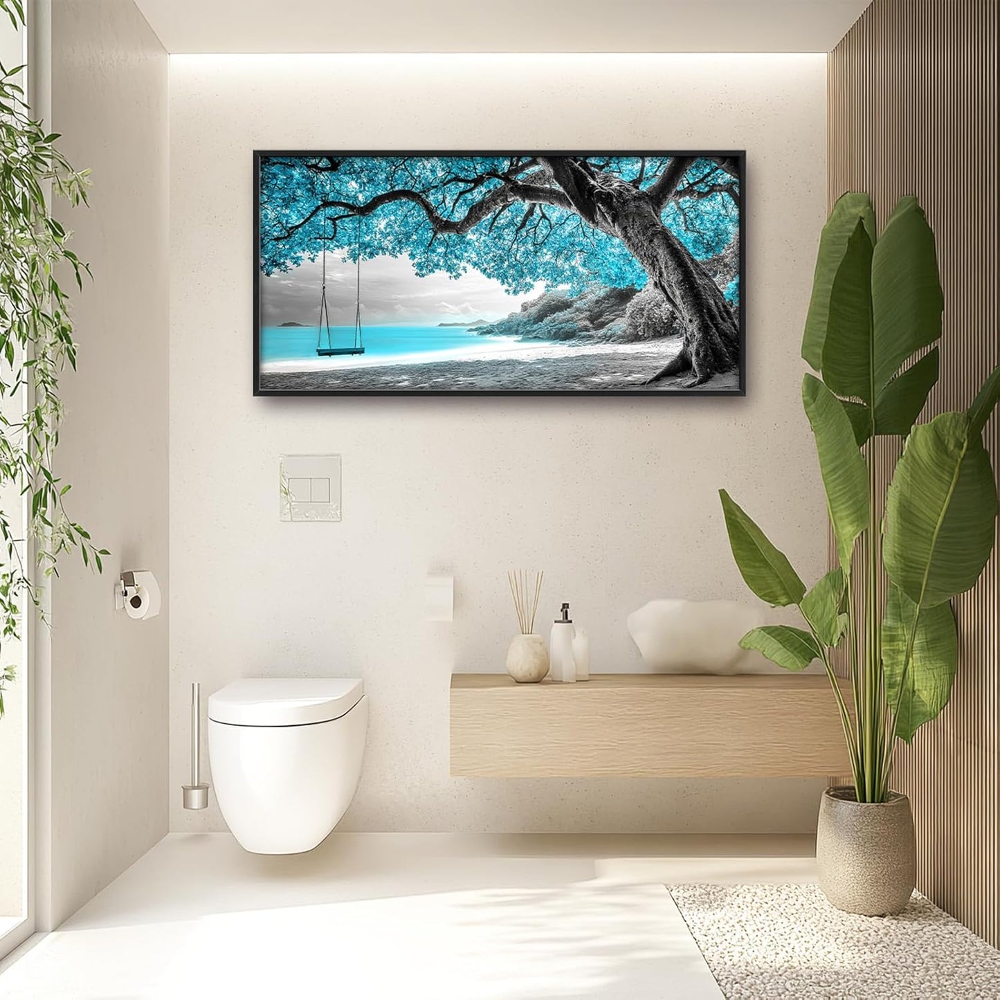 Extra Large Framed Abstract Tree Wall Art,Black and White Tree of Life Wall Decor,Blue Teal Sea Pictures for Living Room,Canvas Print Painting Modern Artwork Bedroom Office Bathroom 60L x 30W