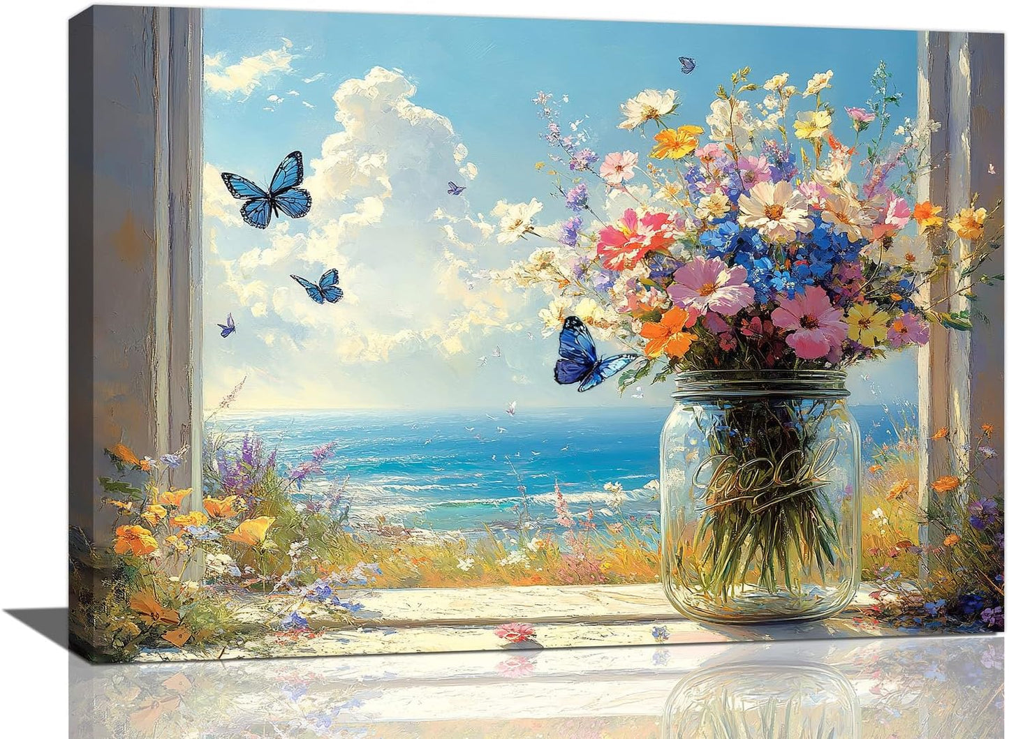 Beach Floral Bathroom Pictures Wall Art, Colorful Flower Bathroom Wall Decor, Coastal Ocean Framed Painting Canvas Artwork for Bedroom Living Room Decorations 24"L x 16"W