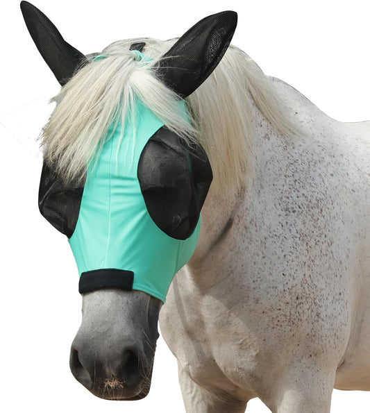 Horse Fly Mask with Ears - Large Eye Space for Full Vision, Breathable Stretch Comfort Fit, UV Protection, Forelock Opening, Easy Pull-On Green Full