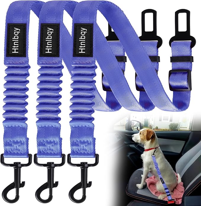3 Pack Thickened Dog Seat Belt, Set Retractable Dog Car Adjustable Seatbelts for Vehicle Nylon Pet Safety Heavy Duty & Elastic & Durable Car Harness for Dogs, Blue
