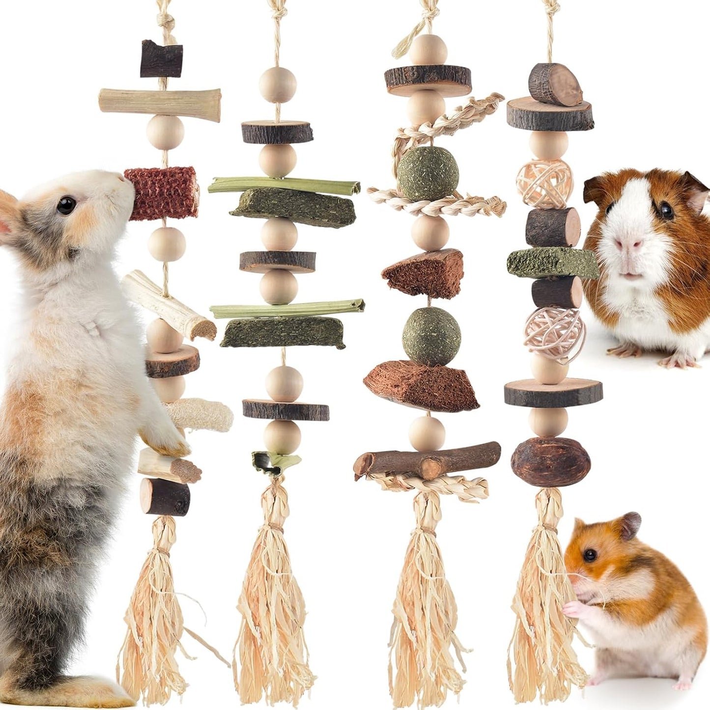 4 Pcs Bunny Chew Toys for Teeth, Hanging Rabbit Chewing Toy Treats with Timothy Grass & Natural Apple Wood, Improve Small Rodent Dental Health for Guinea Pig Hamster Chinchilla Rat Gerbil