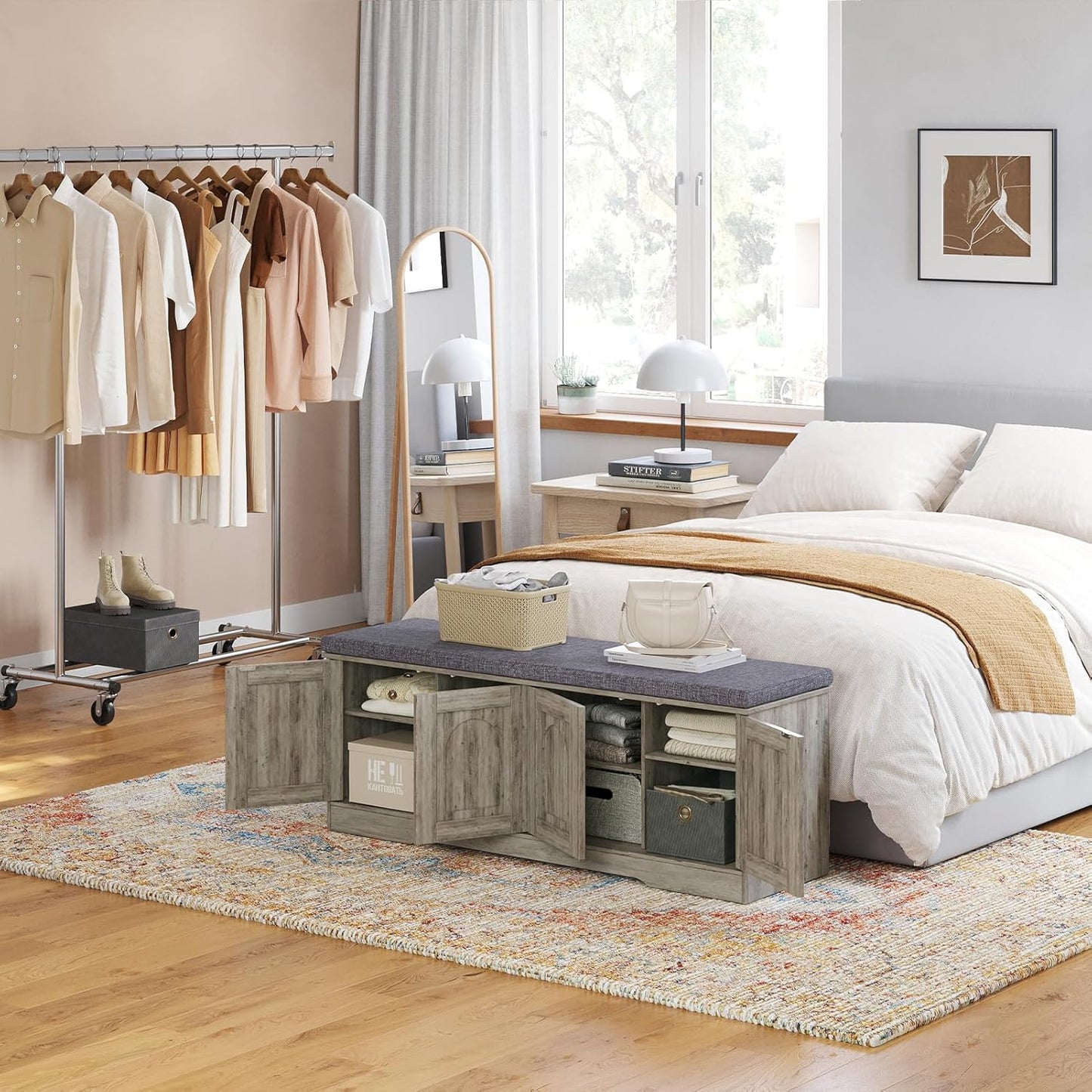 DINZI LVJ Shoe Bench, Entryway Storage Bench with Doors, Cushion, 2-Tier Shoe Rack with 8-Cubby, 47.2”L x 13.8”W Shoe Organizer Cabinet, Adjustable Shelf, Living Room, Bedroom, Gray Wash